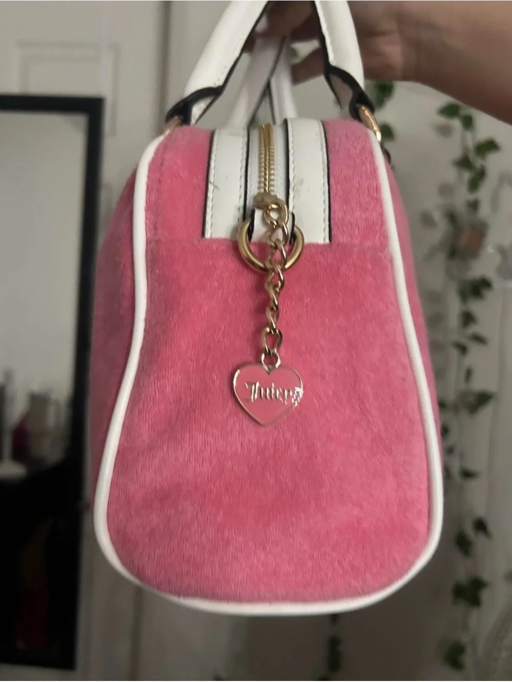 Juicy Couture Pink Velvet Dome Satchel with White Trim